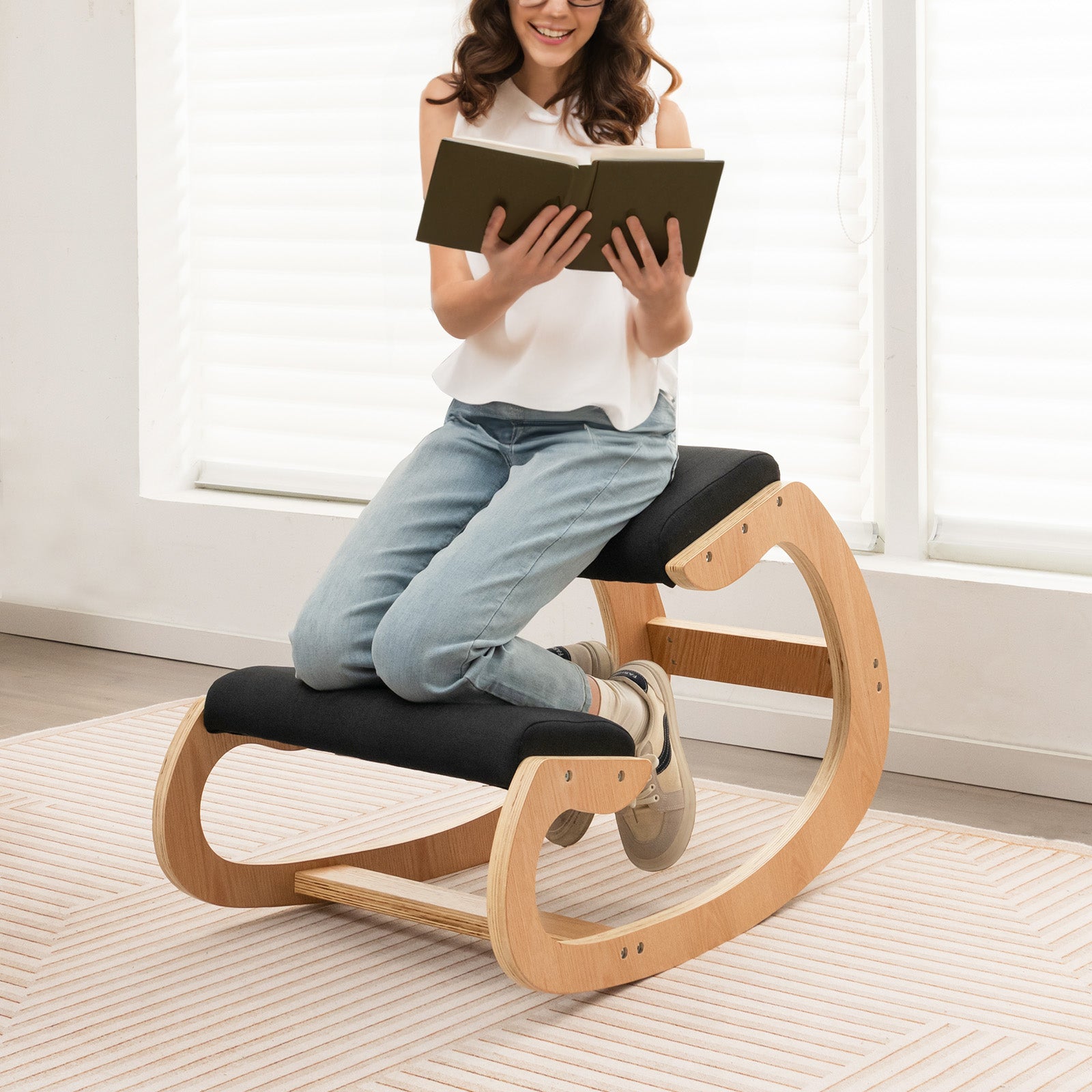 Wooden Rocking Chair with Padded Seat and Knee Support